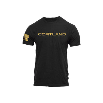 Workmark T-Shirt. The shirt is black and has Cortland in gold font on the front. 
