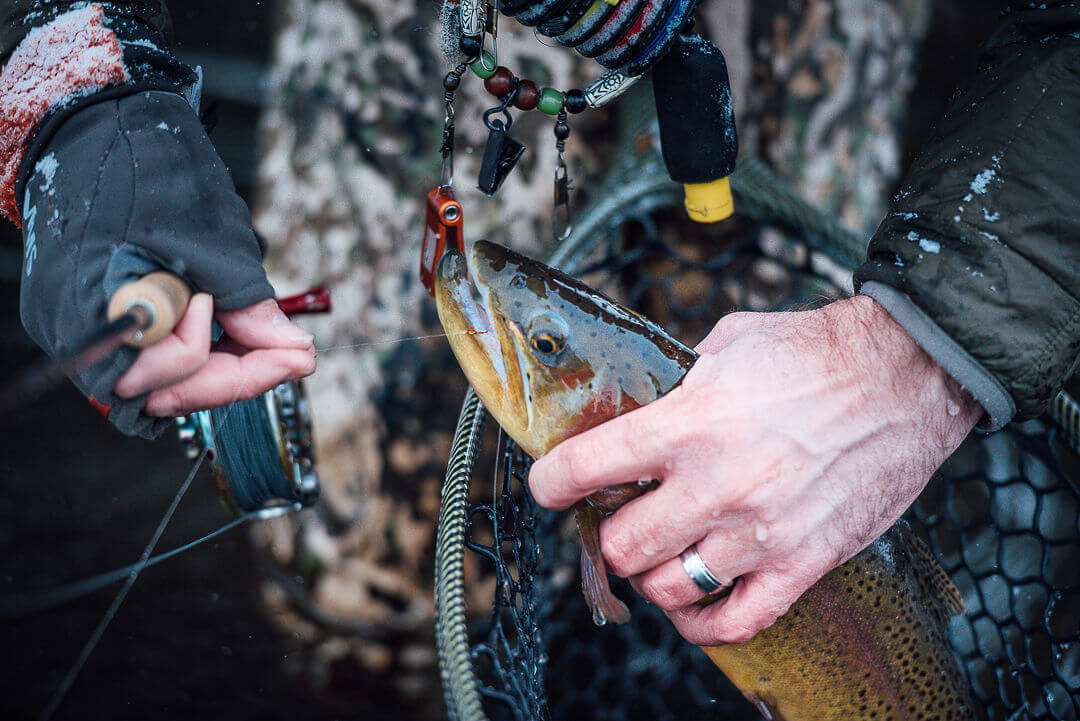 Fisherman holding onto a fish with fishing line it its mouth 