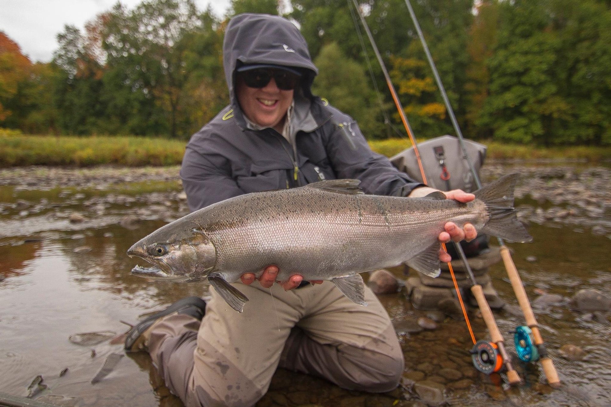 An angler holding onto a Salmon Steelhead. There are two fly rods over his left shoulder and trees in the background. 