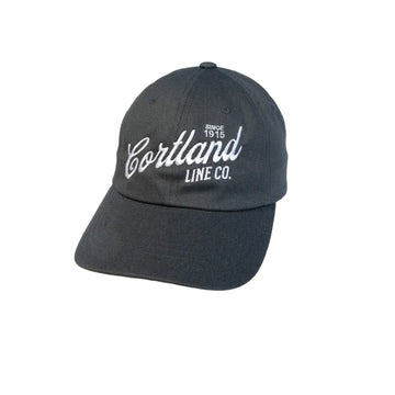 Cortland Dad Hat. The hat is grey and the Cortland Line Co. logo is white. 